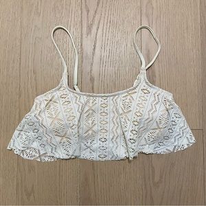 Cream Lace Overlay Swim Bikini Top, Adjustable Straps, M